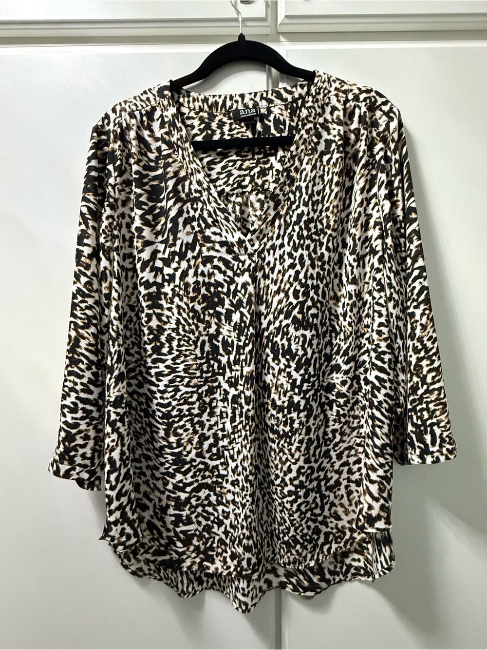 ANA Woman Black and Cream Animal Print V-Neck Flowing Top